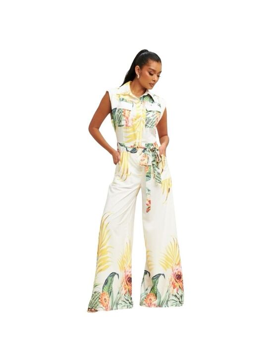 Luxxel Pants - Luxxel white tropical floral sleeveless belted jumpsuit pockets Medium NEW NWT